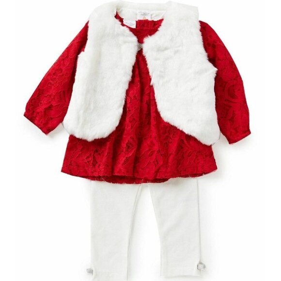 Starting Out 3PC Set, White Faux Fur Vest, Red Lace Shirt, Ivory Leggings, NWT! - Picture 1 of 5